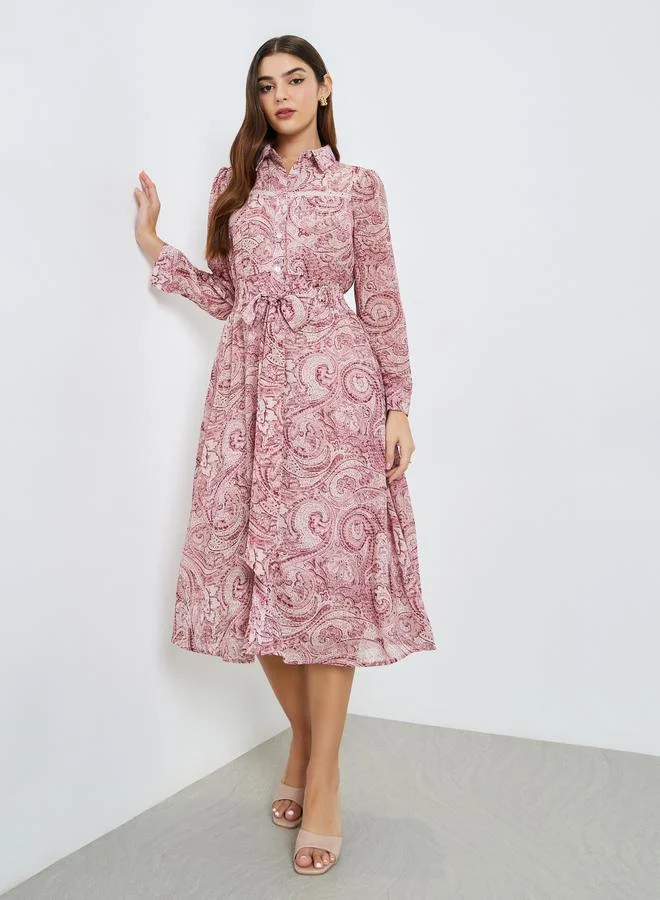 Styli Women Pink Long Sleeves Shirt Midi Dress